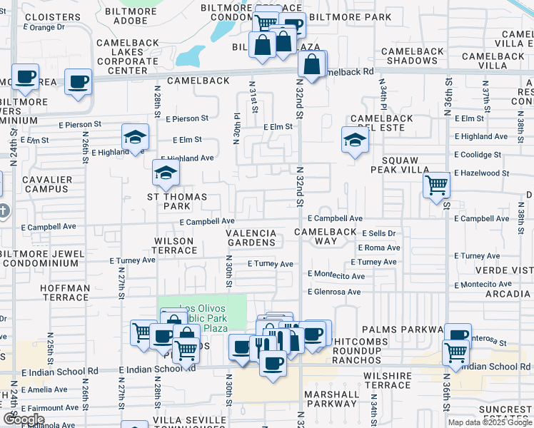 map of restaurants, bars, coffee shops, grocery stores, and more near 3041 East Campbell Avenue in Phoenix
