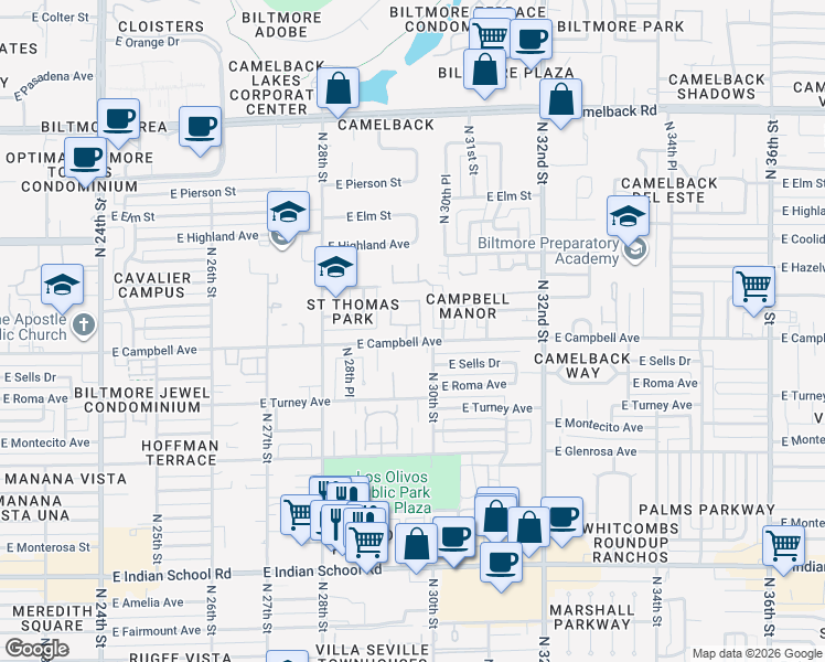 map of restaurants, bars, coffee shops, grocery stores, and more near 2902 East Campbell Avenue in Phoenix