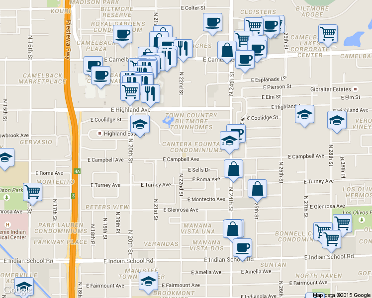 map of restaurants, bars, coffee shops, grocery stores, and more near 2228 East Campbell Avenue in Phoenix