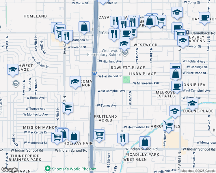 map of restaurants, bars, coffee shops, grocery stores, and more near 2362 West Campbell Avenue in Phoenix