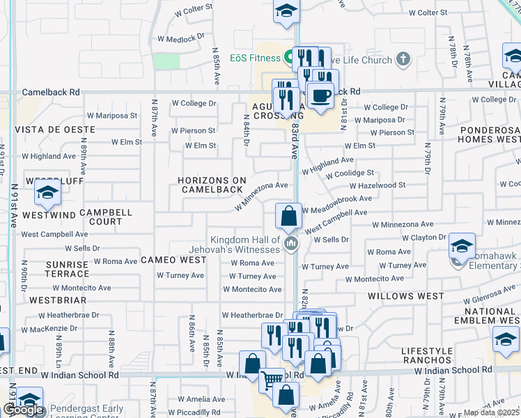 map of restaurants, bars, coffee shops, grocery stores, and more near 8433 West Minnezona Avenue in Phoenix