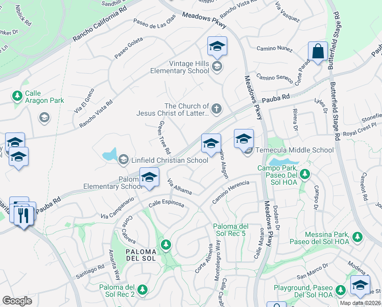 map of restaurants, bars, coffee shops, grocery stores, and more near 32020 Vía Bonilla in Temecula