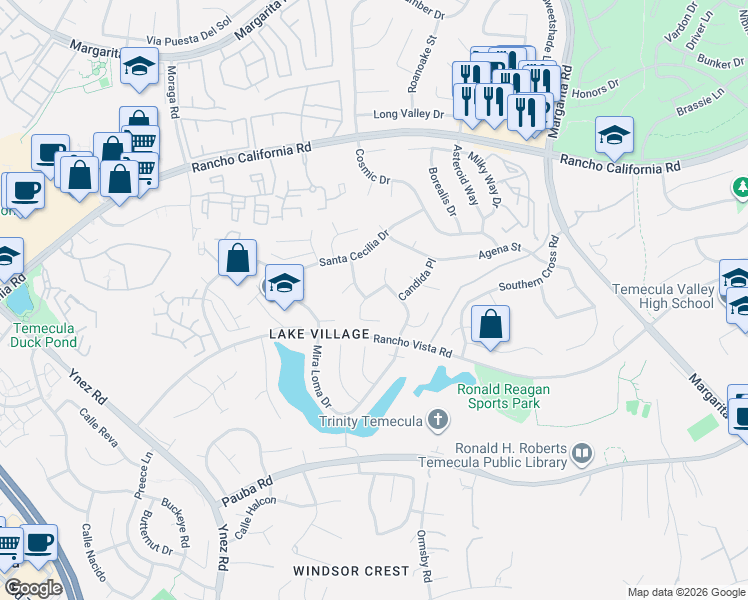 map of restaurants, bars, coffee shops, grocery stores, and more near 42579 Remora Street in Temecula