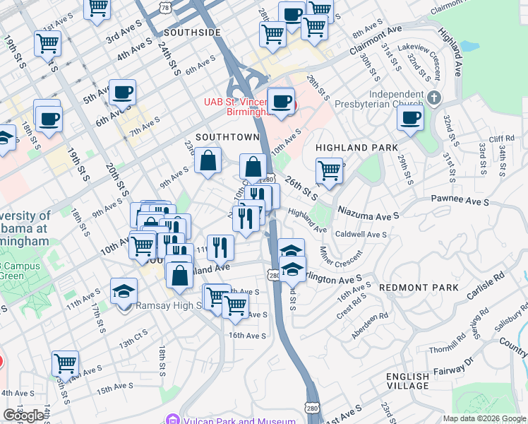 map of restaurants, bars, coffee shops, grocery stores, and more near 2240 Highland Avenue in Birmingham
