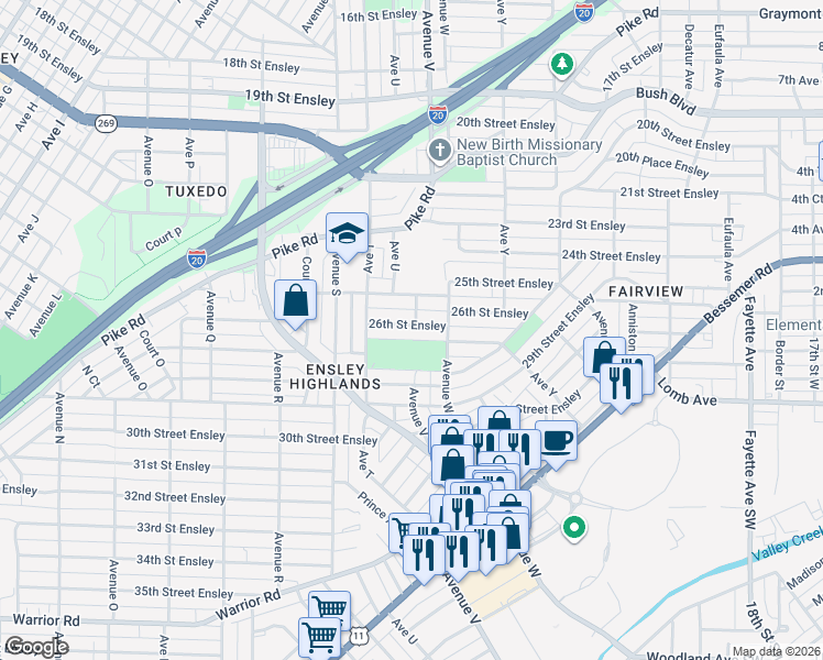 map of restaurants, bars, coffee shops, grocery stores, and more near 2201 26th Street Ensley in Birmingham