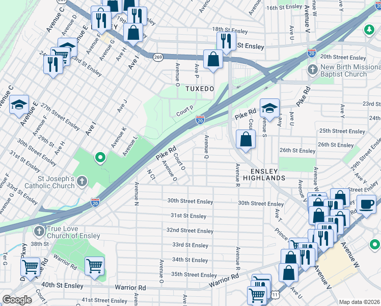 map of restaurants, bars, coffee shops, grocery stores, and more near 1600 27th Street Ensley in Birmingham