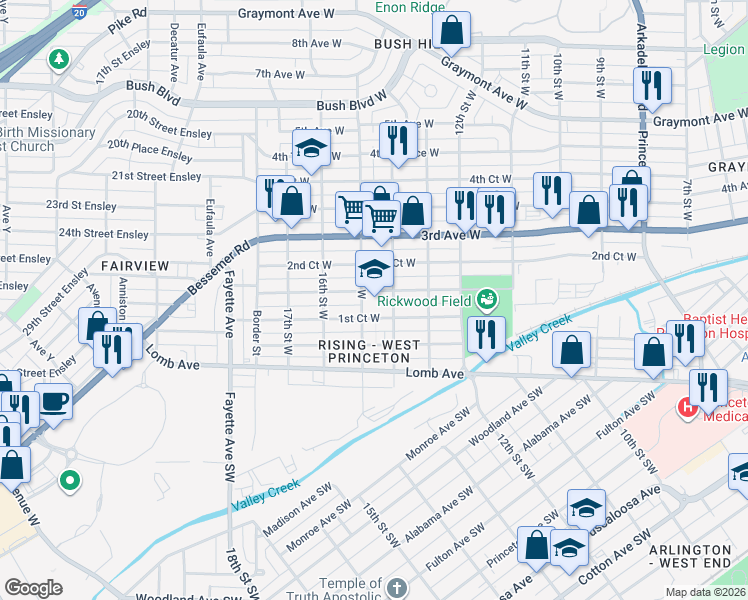 map of restaurants, bars, coffee shops, grocery stores, and more near 1425 2nd Avenue West in Birmingham
