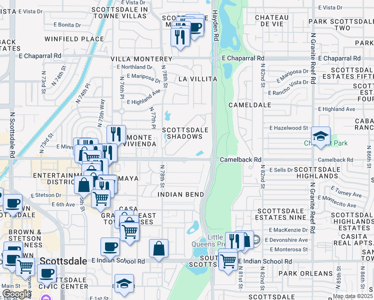 map of restaurants, bars, coffee shops, grocery stores, and more near 7910 East Camelback Road in Scottsdale
