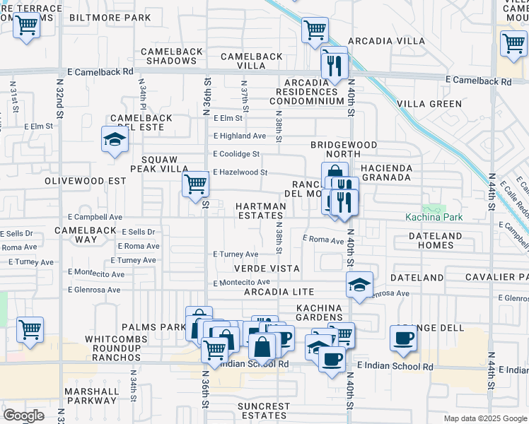 map of restaurants, bars, coffee shops, grocery stores, and more near 3728 East Campbell Avenue in Phoenix
