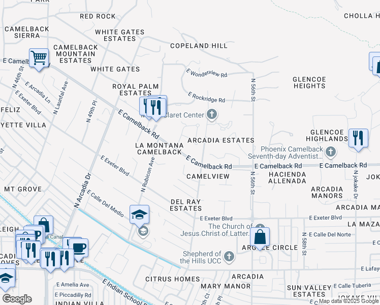 map of restaurants, bars, coffee shops, grocery stores, and more near 5320 East Camelback Road in Phoenix