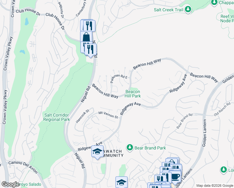 map of restaurants, bars, coffee shops, grocery stores, and more near 1521 Terrace Circle in Laguna Niguel