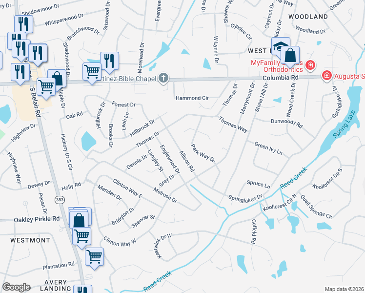 map of restaurants, bars, coffee shops, grocery stores, and more near 4118 Allison Road in Augusta