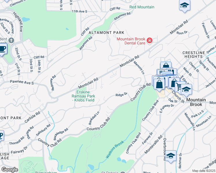 map of restaurants, bars, coffee shops, grocery stores, and more near 3801 Rockbrook Circle in Birmingham