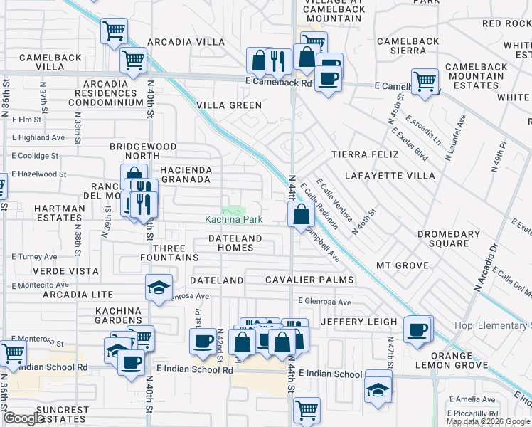 map of restaurants, bars, coffee shops, grocery stores, and more near 4240 East Campbell Avenue in Phoenix