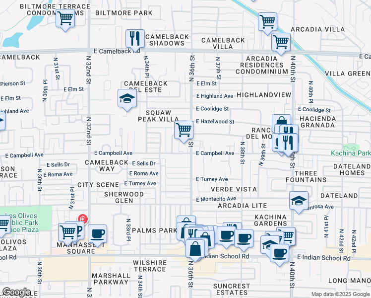 map of restaurants, bars, coffee shops, grocery stores, and more near 3550 East Campbell Avenue in Phoenix