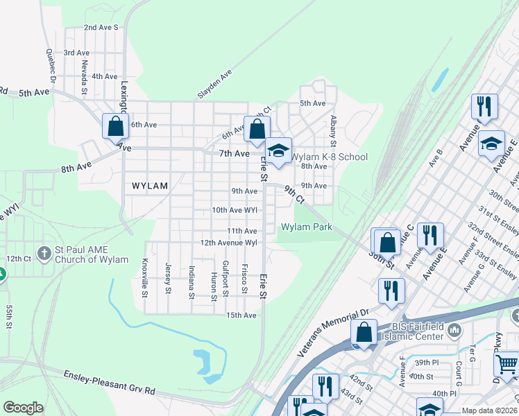 map of restaurants, bars, coffee shops, grocery stores, and more near 928 Erie Street in Birmingham