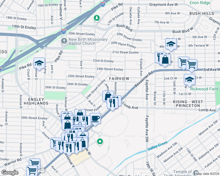 map of restaurants, bars, coffee shops, grocery stores, and more near 2923 Avenue Z in Birmingham