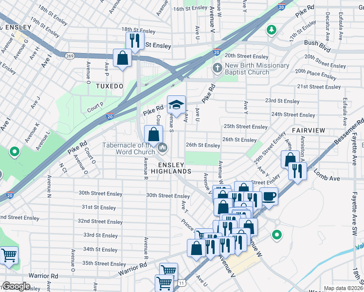 map of restaurants, bars, coffee shops, grocery stores, and more near 2600 Avenue T in Birmingham