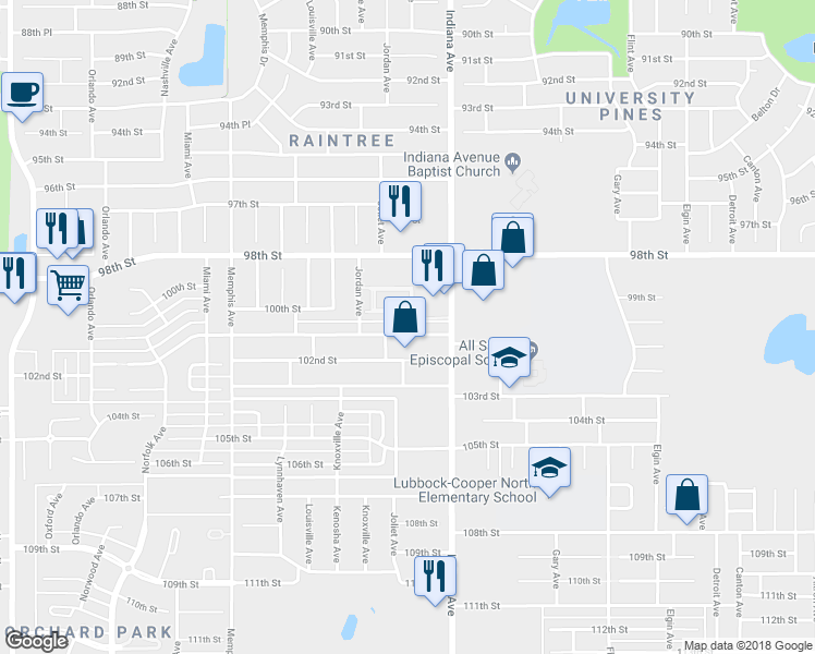 map of restaurants, bars, coffee shops, grocery stores, and more near 3414 101st Street in Lubbock
