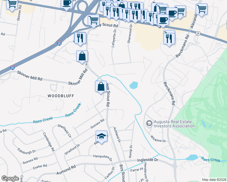 map of restaurants, bars, coffee shops, grocery stores, and more near 326 Boy Scout Road in Augusta