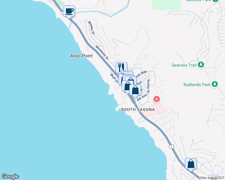 map of restaurants, bars, coffee shops, grocery stores, and more near 31561 Table Rock Drive in Laguna Beach