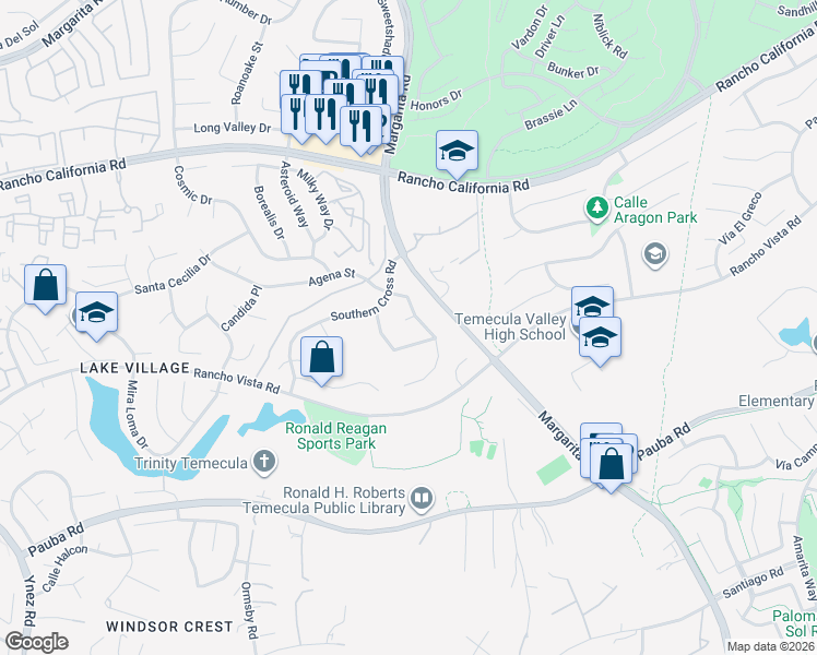 map of restaurants, bars, coffee shops, grocery stores, and more near 30764 Sky Terrace Drive in Temecula