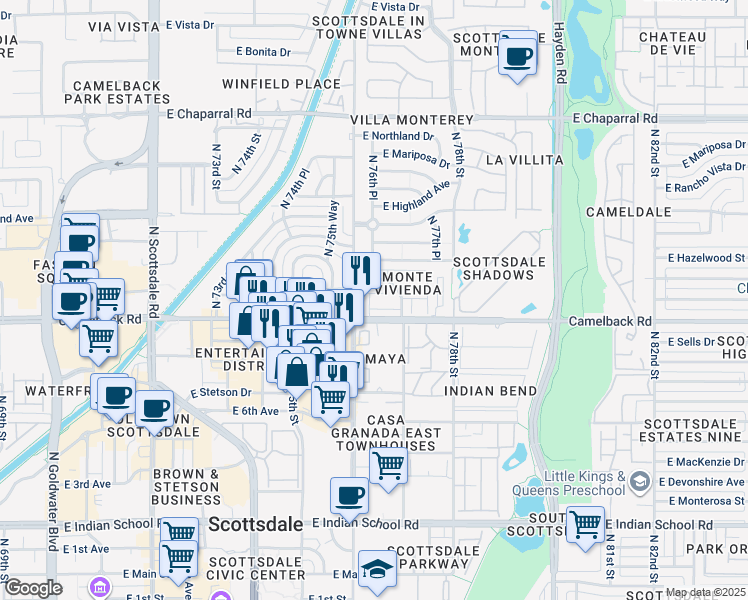 map of restaurants, bars, coffee shops, grocery stores, and more near 7622 East Camelback Road in Scottsdale