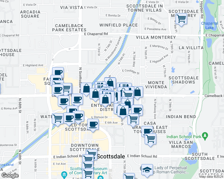 map of restaurants, bars, coffee shops, grocery stores, and more near 7420 East Camelback Road in Scottsdale