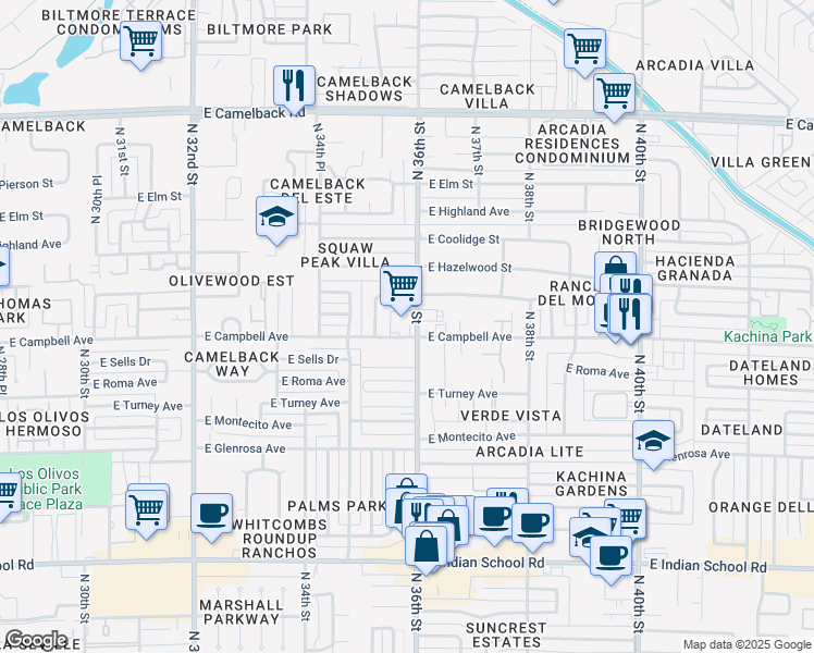 map of restaurants, bars, coffee shops, grocery stores, and more near 3546 East Campbell Avenue in Phoenix