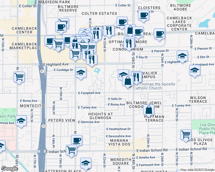 map of restaurants, bars, coffee shops, grocery stores, and more near 2228 East Campbell Avenue in Phoenix