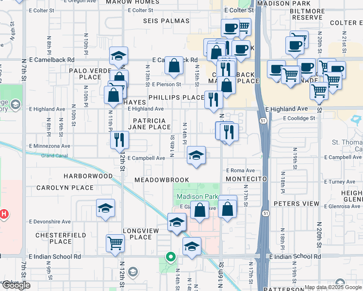 map of restaurants, bars, coffee shops, grocery stores, and more near 4503 North 14th Street in Phoenix
