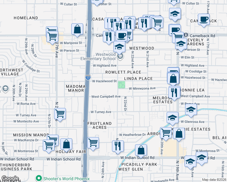 map of restaurants, bars, coffee shops, grocery stores, and more near 4503 North 23rd Avenue in Phoenix