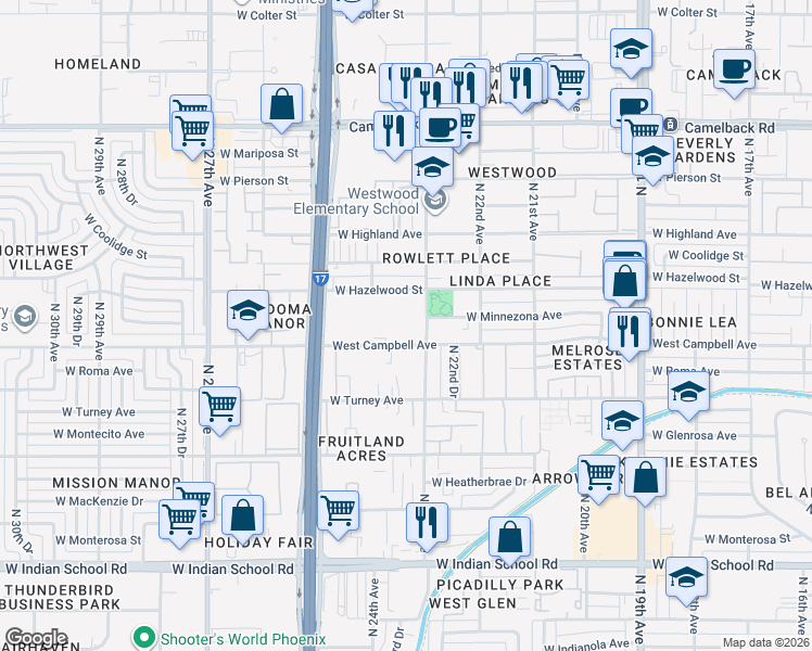 map of restaurants, bars, coffee shops, grocery stores, and more near 4503 North 23rd Avenue in Phoenix
