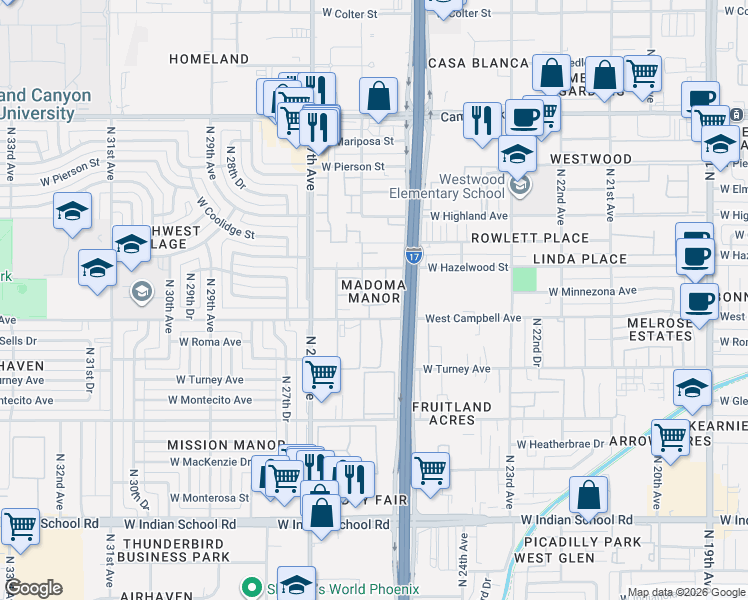 map of restaurants, bars, coffee shops, grocery stores, and more near 2540 West Campbell Avenue in Phoenix