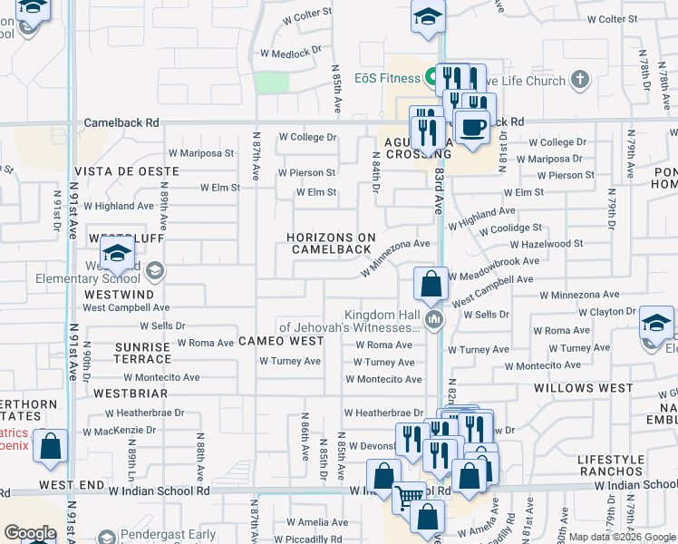 map of restaurants, bars, coffee shops, grocery stores, and more near 8447 West Minnezona Avenue in Phoenix