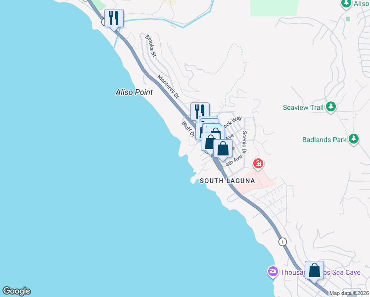 map of restaurants, bars, coffee shops, grocery stores, and more near 31561 Table Rock Drive in Laguna Beach