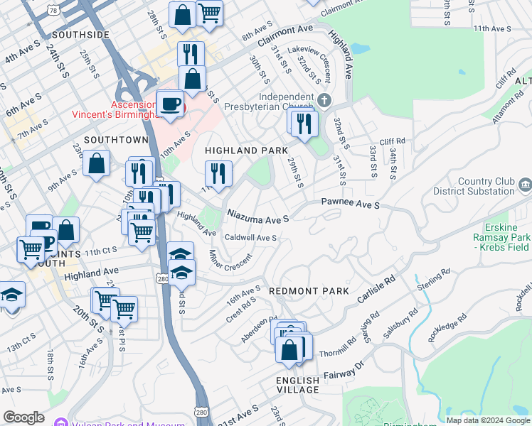map of restaurants, bars, coffee shops, grocery stores, and more near 2739 Niazuma Avenue South in Birmingham
