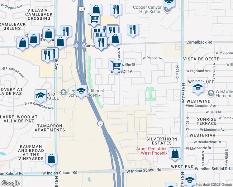 map of restaurants, bars, coffee shops, grocery stores, and more near 4629 North 95th Drive in Phoenix