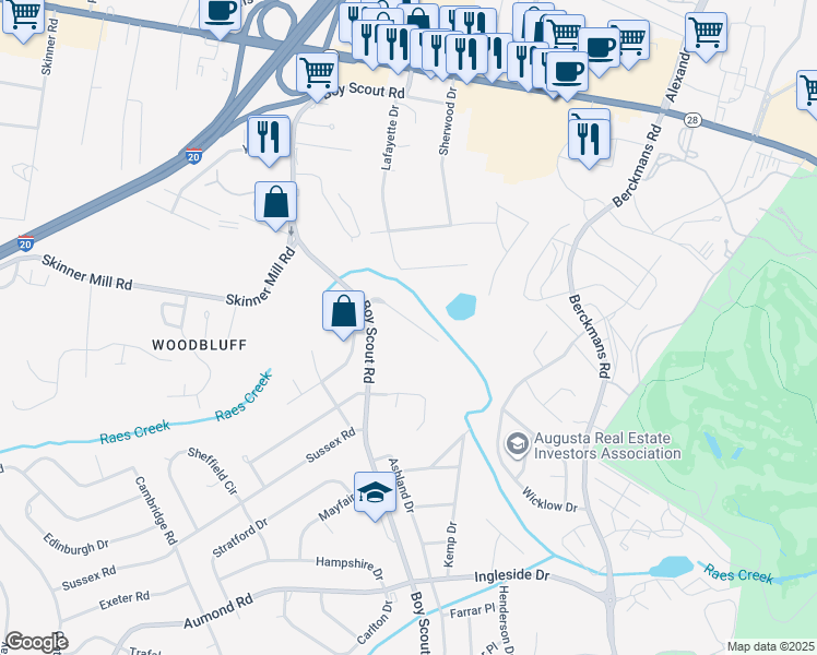 map of restaurants, bars, coffee shops, grocery stores, and more near 2622 Sherborne Court in Augusta