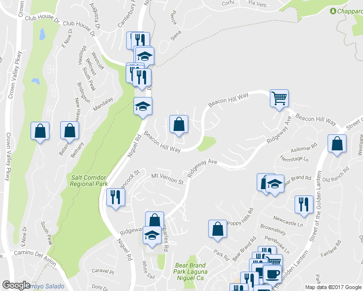 map of restaurants, bars, coffee shops, grocery stores, and more near 17 Terrace Circle in Laguna Niguel