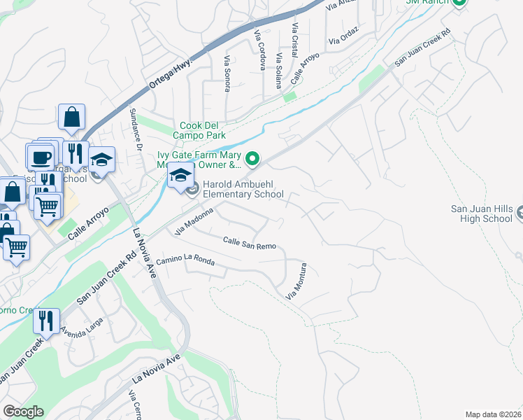 map of restaurants, bars, coffee shops, grocery stores, and more near 28085 Via Del Cerro in San Juan Capistrano
