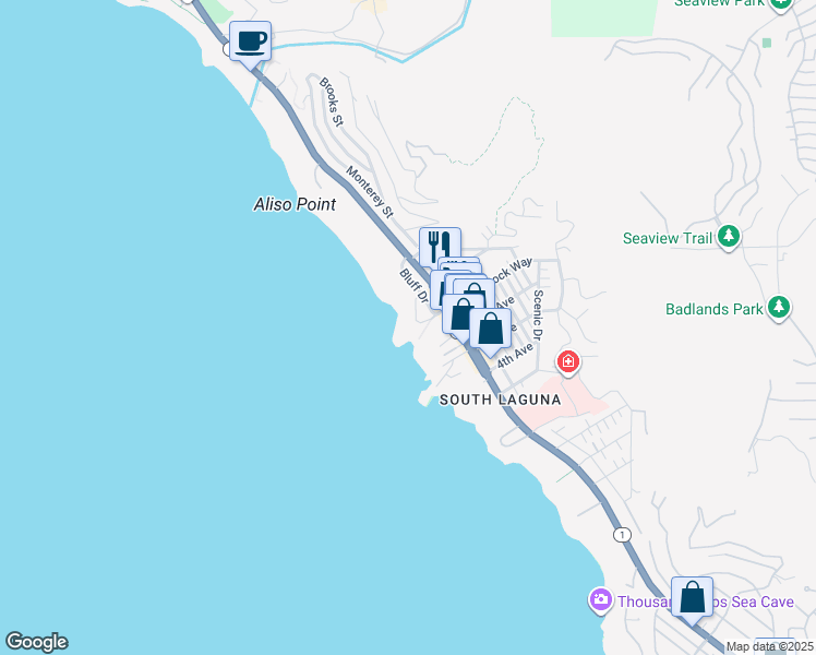 map of restaurants, bars, coffee shops, grocery stores, and more near 31561 Table Rock Drive in Laguna Beach
