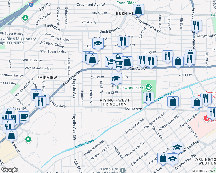 map of restaurants, bars, coffee shops, grocery stores, and more near 1513 2nd Avenue West in Birmingham