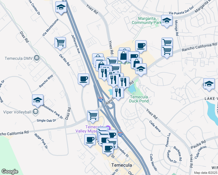 map of restaurants, bars, coffee shops, grocery stores, and more near 27555 Ynez Road in Temecula