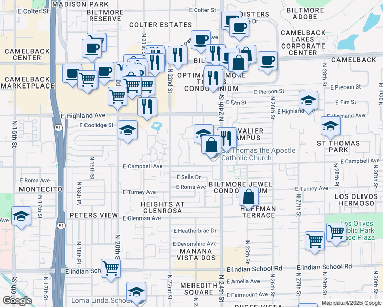 map of restaurants, bars, coffee shops, grocery stores, and more near 2300 East Campbell Avenue in Phoenix