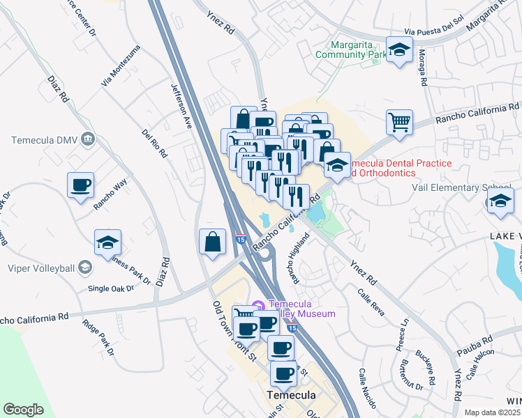 map of restaurants, bars, coffee shops, grocery stores, and more near 27645 Ynez Road in Temecula