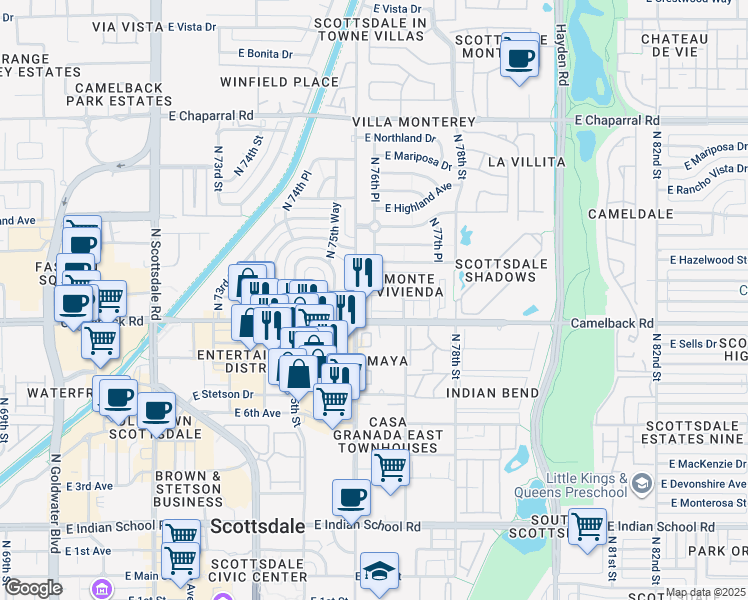 map of restaurants, bars, coffee shops, grocery stores, and more near 7622 East Camelback Road in Scottsdale