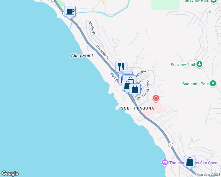 map of restaurants, bars, coffee shops, grocery stores, and more near 31561 Table Rock Drive in Laguna Beach