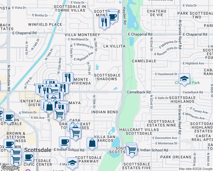 map of restaurants, bars, coffee shops, grocery stores, and more near Camelback Road in Scottsdale