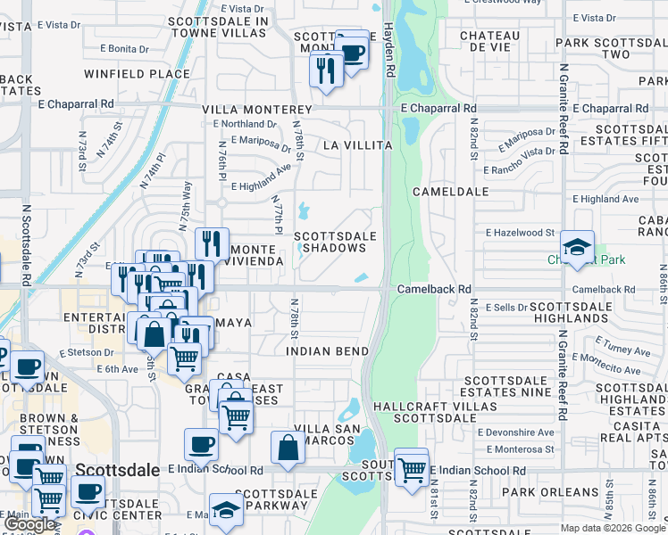 map of restaurants, bars, coffee shops, grocery stores, and more near Camelback Road in Scottsdale